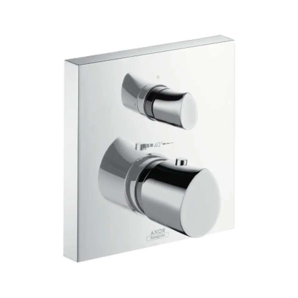 Thermostat zur Unterputzmontage in Chrom mit zwei Bedienelementen. Das Produkt trägt die Marke AXOR.
